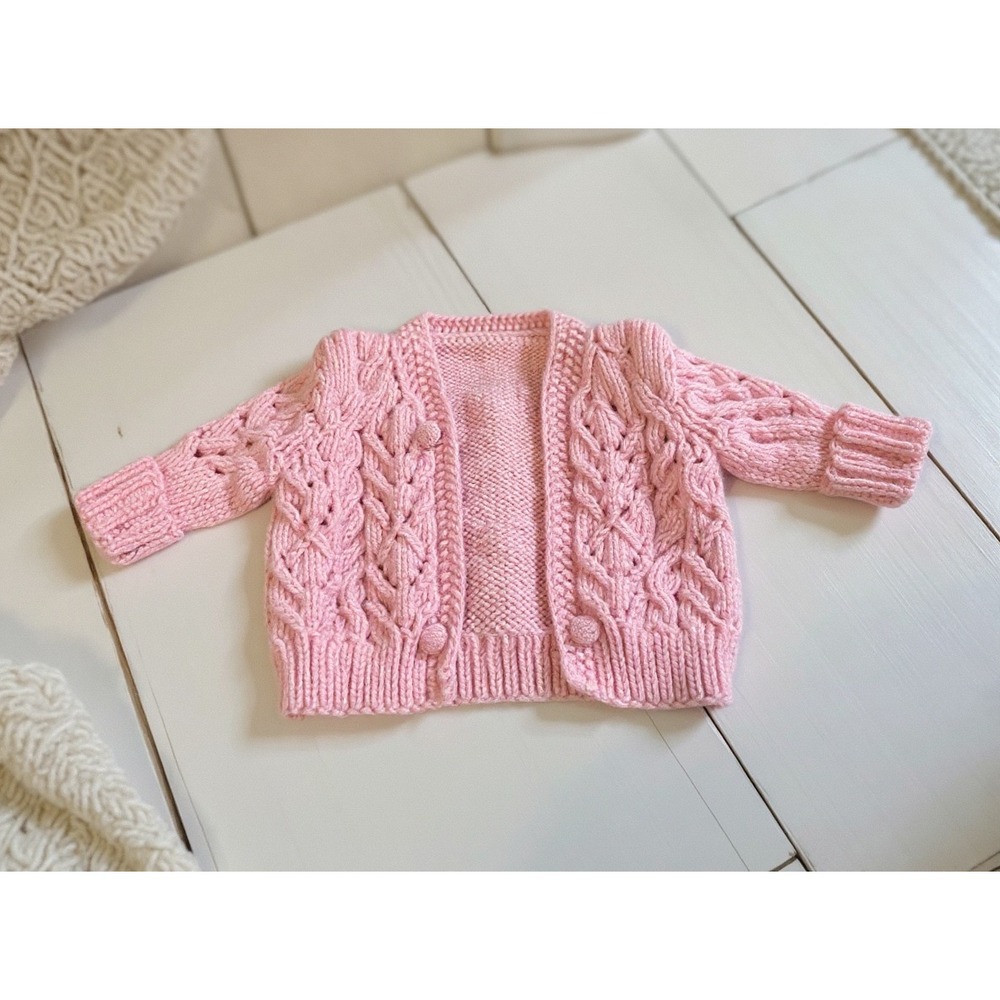 Hand Knit Baby Girl Pink Cable Knit‎ Cardigan Sweater Buttons cottage feminine